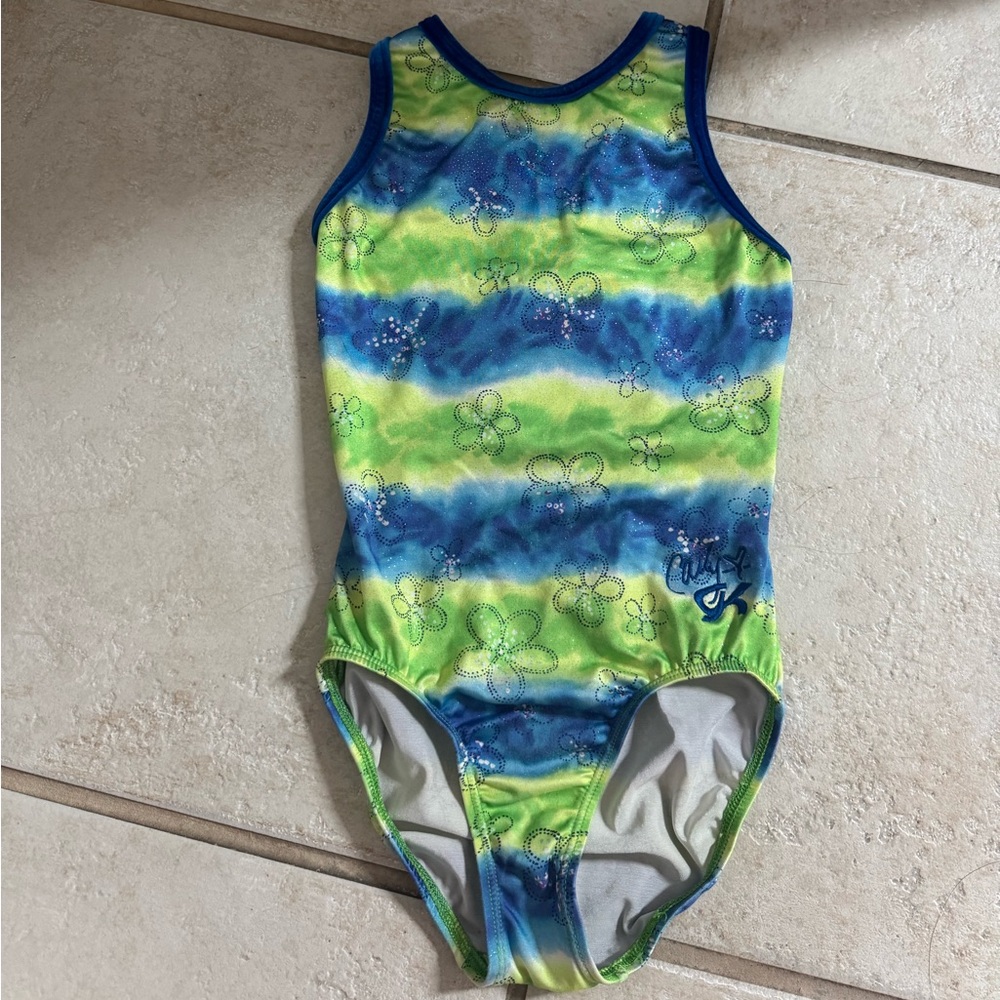 GK Elite Green and Blue Leotard with flower and velvet trim accents